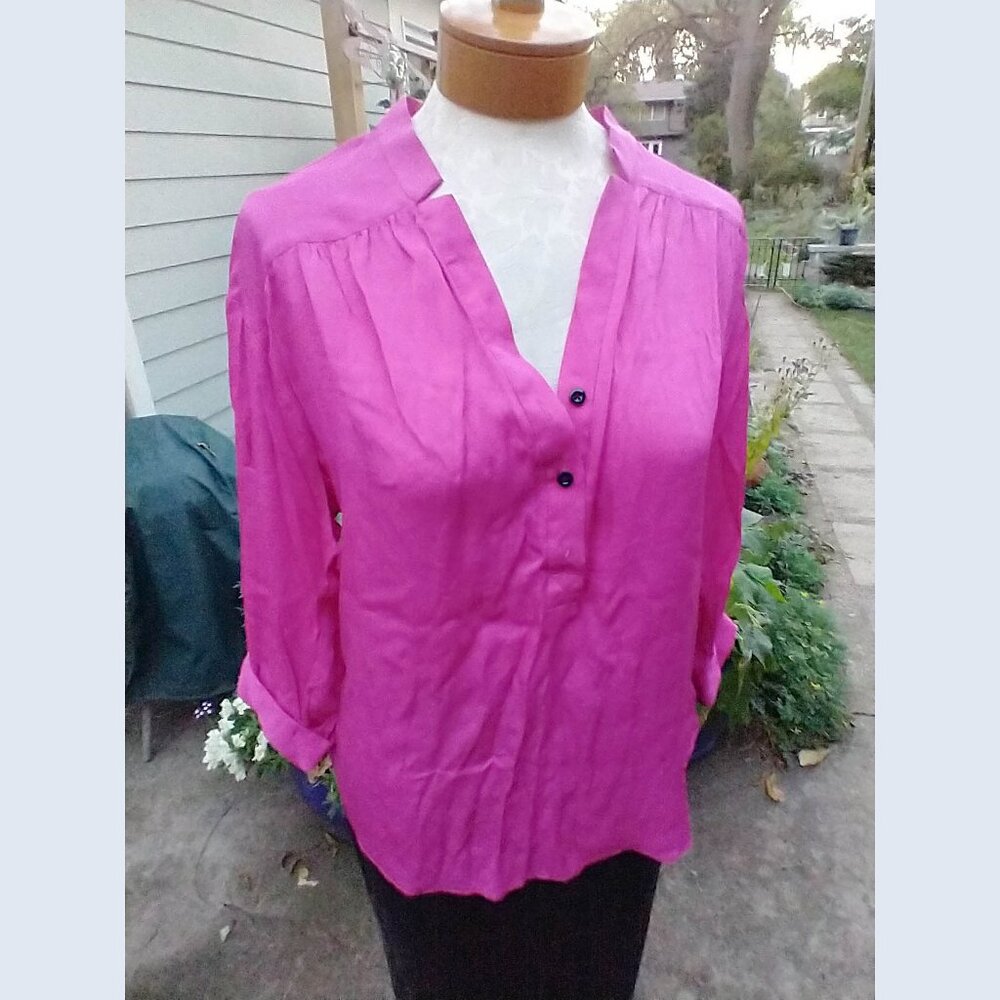 Blouse: Silk, hot pink w/roll-tab sleeves. Gathered at yoke. Size 8 - by Milly